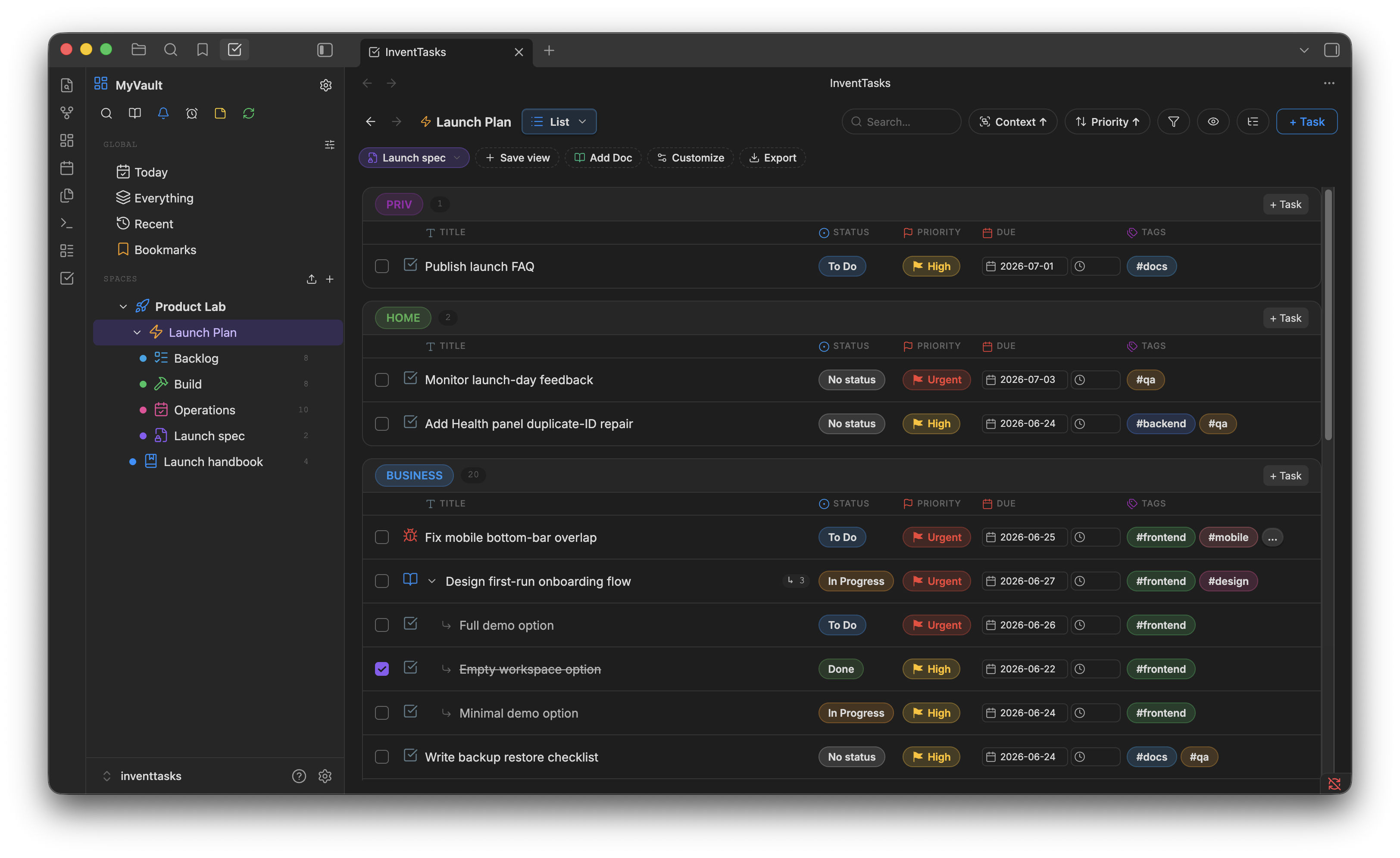 InventTasks — Board view inside Obsidian